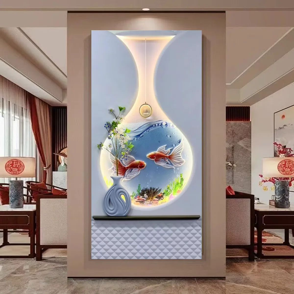锦鲤 单幅 装饰画 现代简约 玄关背景墙挂画 LED带灯画