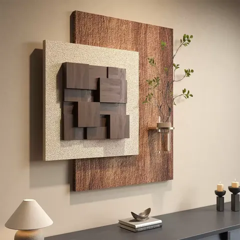 3D Solid Wood Living Room Wall Art, Luxury Hydroponic Greenery Hanging Mural for Sofa Background & Entryway