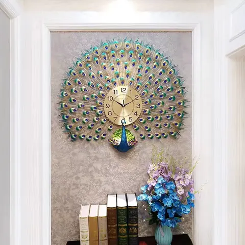 孔雀 单幅 装饰画 现代简约 客厅背景墙挂画 挂钟