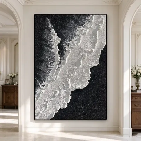 3D Textured Hand-Painted Black White Abstract Oil Painting Aluminum Alloy Frame Modern European Style Living Room Hallway