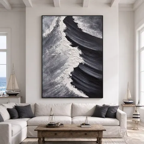 3D Textured Hand-Painted Black White Abstract Oil Painting Aluminum Alloy Frame Modern European Style Living Room Hallway