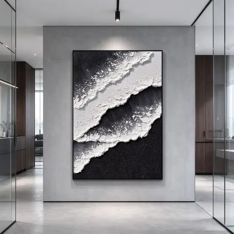 3D Textured Hand-Painted Black White Abstract Oil Painting Aluminum Alloy Frame Modern European Style Living Room Hallway