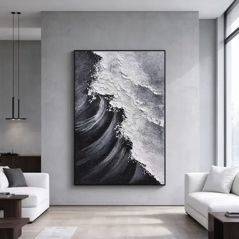 3D Textured Hand-Painted Black White Abstract Oil Painting Aluminum Alloy Frame Modern European Style Living Room Hallway