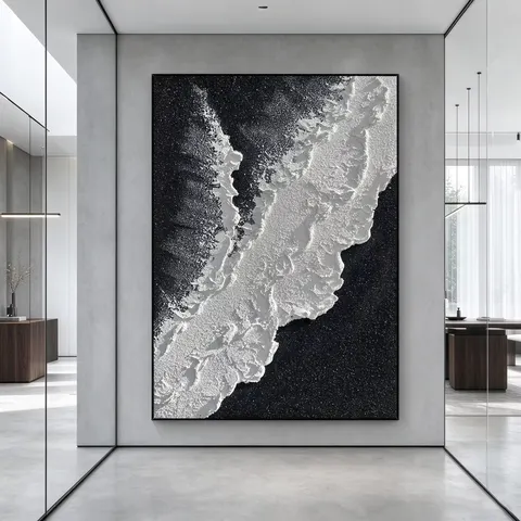 3D Textured Hand-Painted Black White Abstract Oil Painting Aluminum Alloy Frame Modern European Style Living Room Hallway