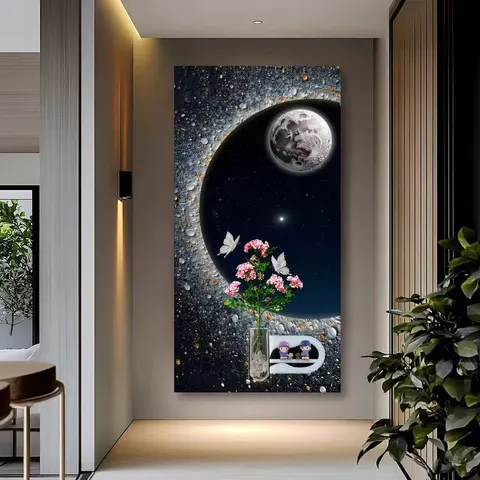 60x120CM Sandstone Texture Wall Art with Moon Starry Sky and Flower Design for Home Decor