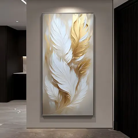 A Modern, Luxurious Hand-painted Oil Painting of a Landscape Featuring Feathers, Mounted on a Canvas-backed Support