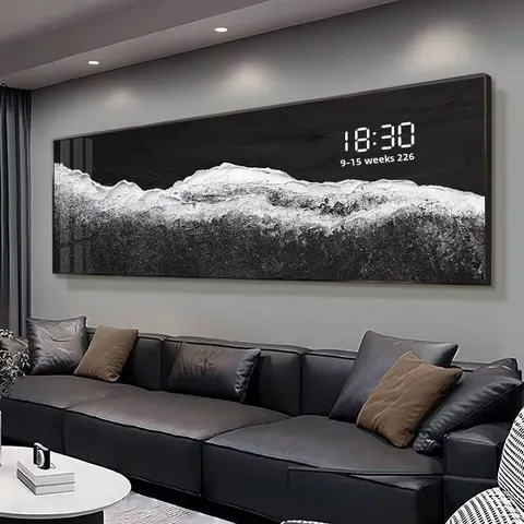 Abstract black-and-white wave-pattern digital display electronic wall clock living room framed decorative artwork; sofa wall art