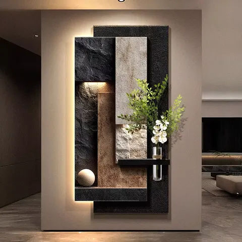Abstraction Entrance Hall Hydroponics Green Plants Art Decor Painting Three-dimensional Effect Geometry Sandstone LED Painting