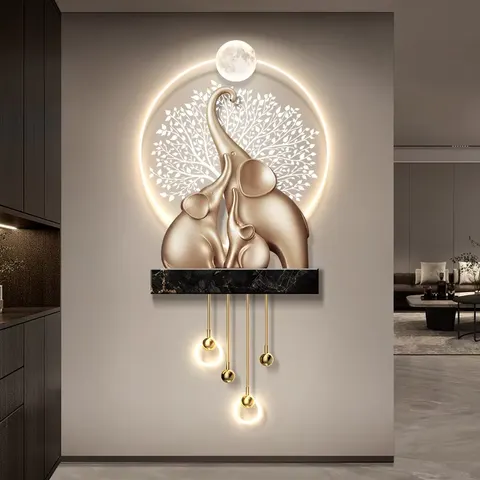 Acrylic Crystal Porcelain Metal Decor for Entrance & Living Room Grille Wall Light Luxury Elephant 3D Wall Lamp Painting