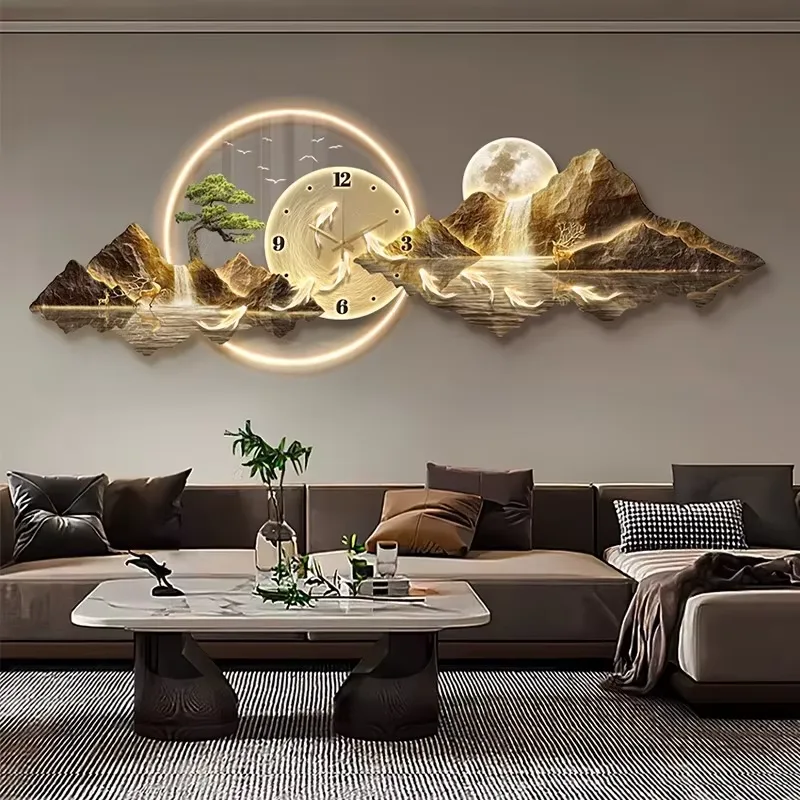 Acrylic LED Wall Clock, Art Deco Style, Living Room Landscape Painting, Art Print with Hanging Feature