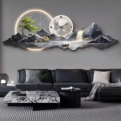 Acrylic LED Wall Clock, Art Deco Style, Living Room Landscape Painting, Art Print with Hanging Feature