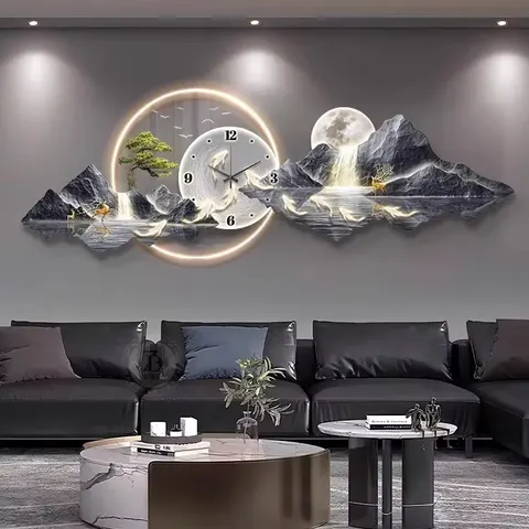 Acrylic LED Wall Clock, Art Deco Style, Living Room Landscape Painting, Art Print with Hanging Feature