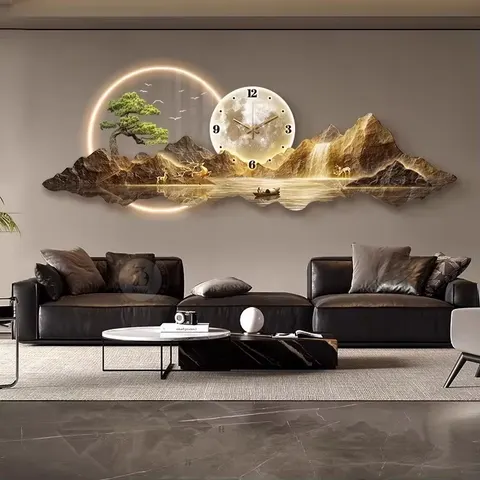 Acrylic LED Wall Clock, Art Deco Style, Living Room Landscape Painting, Art Print with Hanging Feature