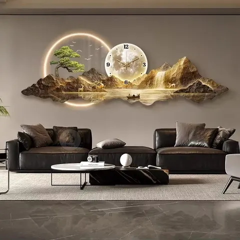 Acrylic LED Wall Clock Art Decor Style Landscape Painting with Hanging Function