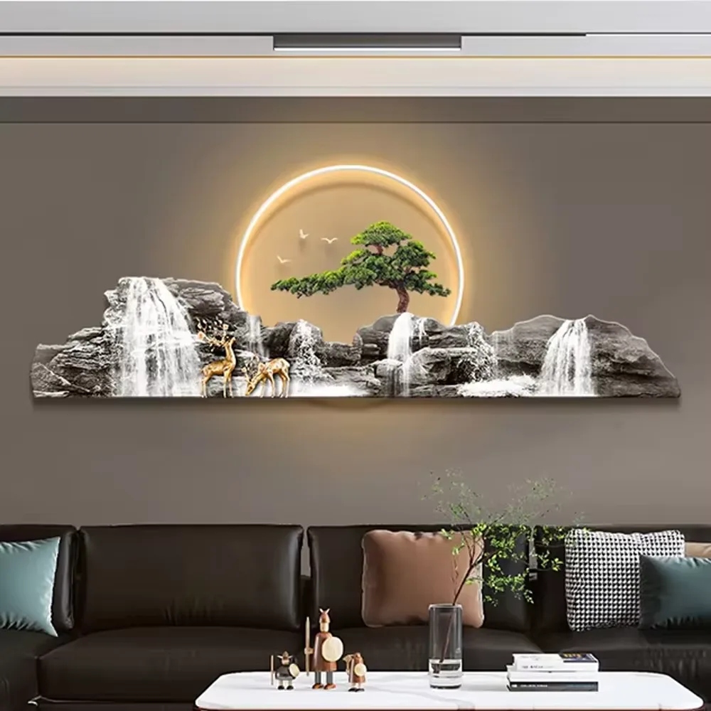 山水 单幅 装饰画 现代简约 客厅背景墙挂画 LED带灯画