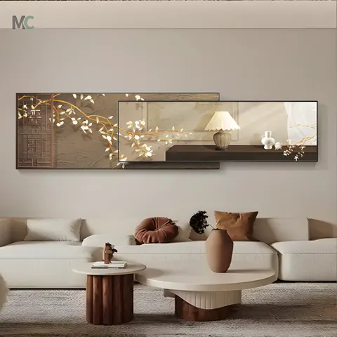 Ancient Style Living Room Double Layer Overlay Wall Decor Paintings Flower Sofa Background Wall Crystal Porcelain Painting
