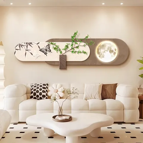 Art Decor Painting on the Background Wall of the Living Room Luxury Sofa Background Wall Artificial Green Plants LED Glow Mural