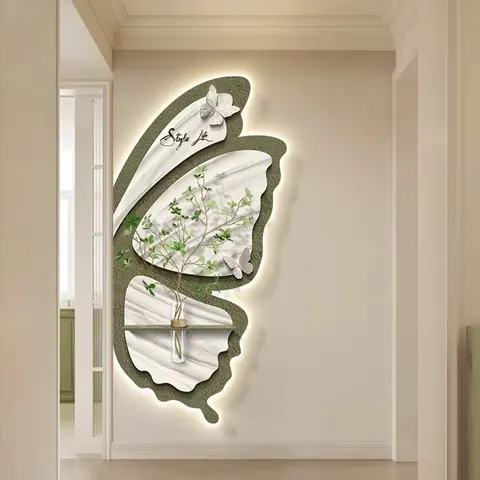 Artistic Style Butterfly Hydroponic Green Plants Art Decor Painting Corridor Background Wall Sandstone LED Painting