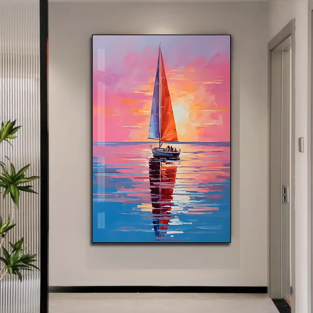 Artistic Sunrise Sailing Boat Living Room Entrance Version Hand-painted Mural Corridor Background Wall Home Decor Paintings