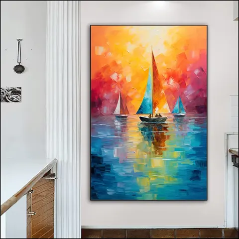 Artistic Sunrise Sailing Boat Living Room Entrance Version Hand-painted Mural Corridor Background Wall Home Decor Paintings
