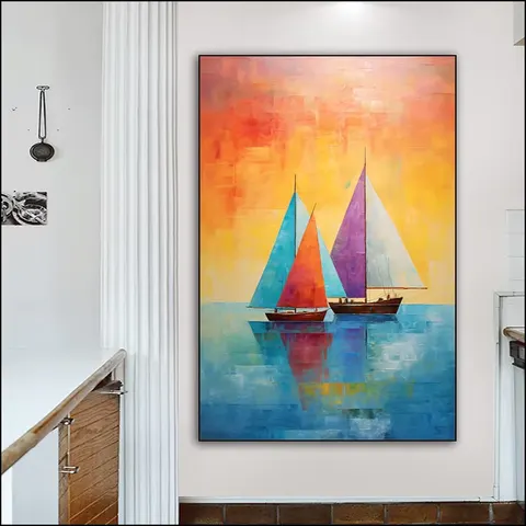 Artistic Sunrise Sailing Boat Living Room Entrance Version Hand-painted Mural Corridor Background Wall Home Decor Paintings