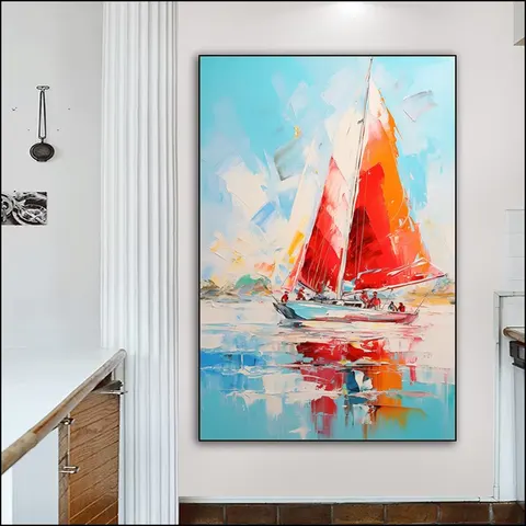 Artistic Sunrise Sailing Boat Living Room Entrance Version Hand-painted Mural Corridor Background Wall Home Decor Paintings