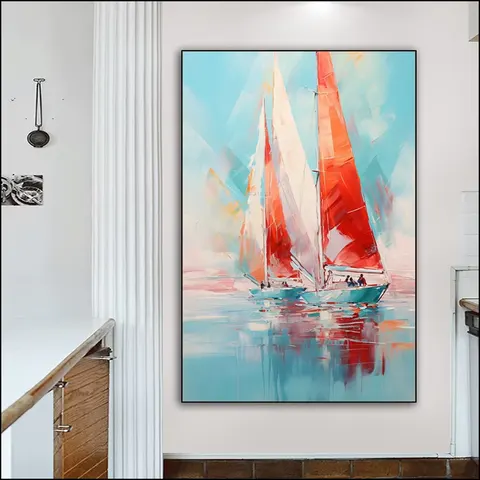 Artistic Sunrise Sailing Boat Living Room Entrance Version Hand-painted Mural Corridor Background Wall Home Decor Paintings