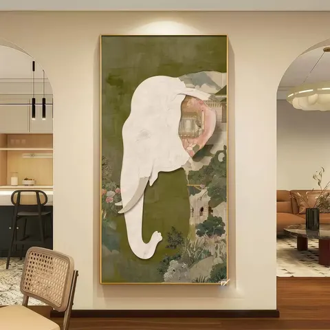 Auspicious Elephant Ruyi Entryway Wall Art  Vintage Oil Painting Textured LED Lighted Mural Luxury 3D Hanging Decor for Corridor