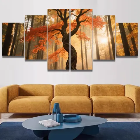 Autumn Forest Photography Art Home Decor Paintings Living Room Background Wall Five Pieces Framed Hanging Paintings