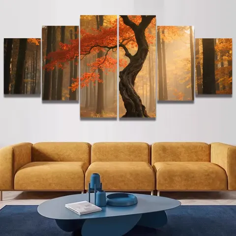 Autumn Forest Photography Art Home Decor Paintings Living Room Background Wall Five Pieces Framed Hanging Paintings