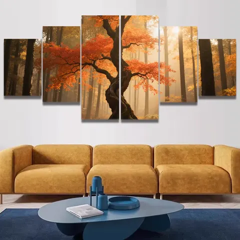 Autumn Forest Photography Art Home Decor Paintings Living Room Background Wall Five Pieces Framed Hanging Paintings