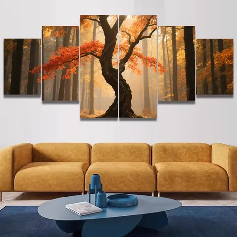 Autumn Forest Photography Art Home Decor Paintings Living Room Background Wall Five Pieces Framed Hanging Paintings
