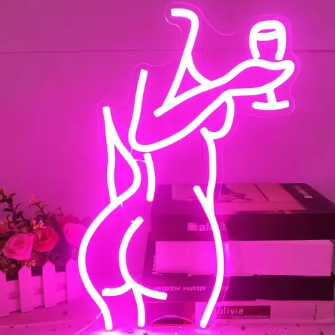 Bar Beauty Art Decor Neon Light Sexy Lady Raise the Wine Glass Customized Acrylic Led Painting