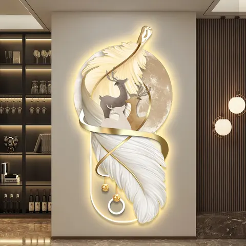 Bestseller Entrance Hall Feathers Acrylic LED Painting Corridor Wall Surface Art Home Decor Paintings