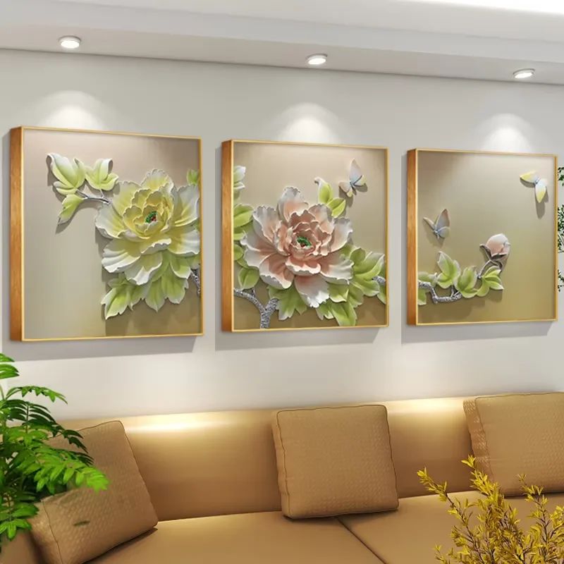 Bestseller Handmade Production Living Room Sofa Background Wall 3D Stereoscopic Relief Chrysanthemum Triptych Art Decor Painting