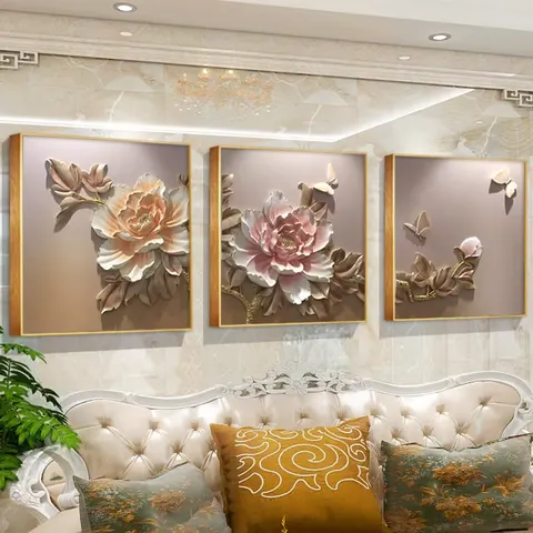 Bestseller Handmade Production Living Room Sofa Background Wall 3D Stereoscopic Relief Chrysanthemum Triptych Art Decor Painting