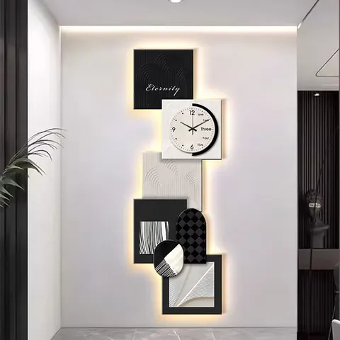 Black and White Abstract Entrance Hall Art Home Decor Wall Art UV Engraving With a Clock Crystal Porcelain Painting