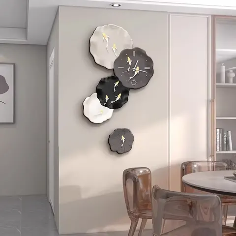 Black, White and Grey Abstract Art Living Room Ar Decor Wall Facing Clock TV Background Wall Crystal Porcelain Painting