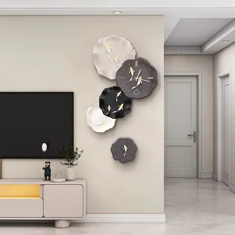 Black, White and Grey Abstract Art Living Room Ar Decor Wall Facing Clock TV Background Wall Crystal Porcelain Painting