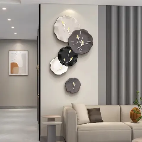 Black, White and Grey Abstract Art Living Room Ar Decor Wall Facing Clock TV Background Wall Crystal Porcelain Painting