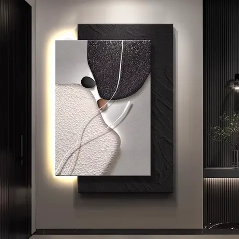 Black White and Grey Entrance Hall Art Decor Painting Three-dimensional Sandstone Simplicity Light-emitting LED Decor Painting