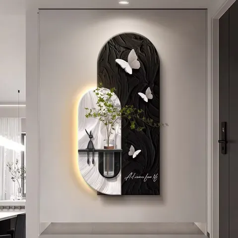 Black White Simplicity Living Room Art Decor Draw Hydroponic Green Plants Entrance Hall Sandstone Glowed LED Painting