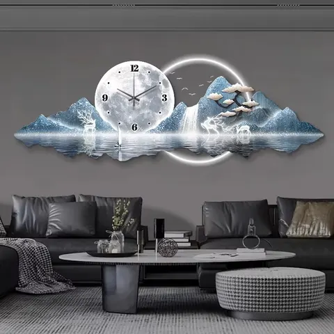 Blue Landscape Painting: A New Style of Living Room Feature Wall Art Acrylic Glow-in-the-Dark Mural with Clock