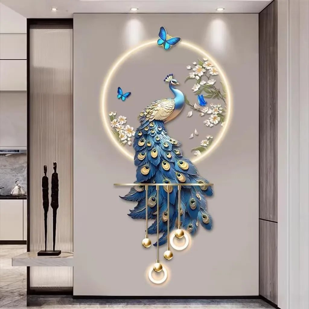 Blue Peacock Illuminated Wall Art, Gorgeous Vertical Customizable Lighting Effect, Beautiful Hanging Decor for Home Living Room