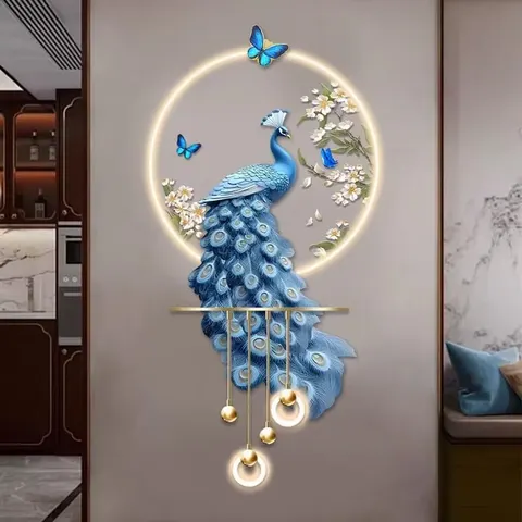 Blue Peacock Illuminated Wall Art, Gorgeous Vertical Customizable Lighting Effect, Beautiful Hanging Decor for Home Living Room
