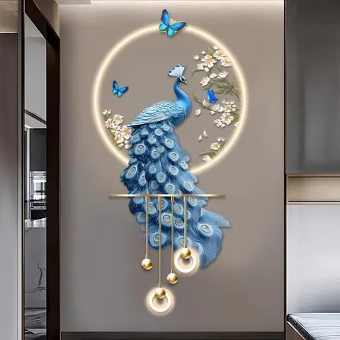 Blue Peacock Illuminated Wall Art, Gorgeous Vertical Customizable Lighting Effect, Beautiful Hanging Decor for Home Living Room