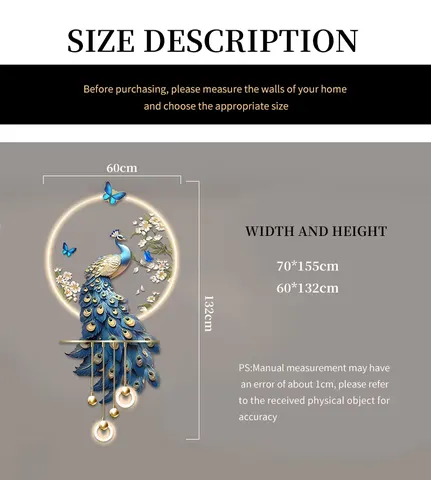 Blue Peacock Illuminated Wall Art, Gorgeous Vertical Customizable Lighting Effect, Beautiful Hanging Decor for Home Living Room