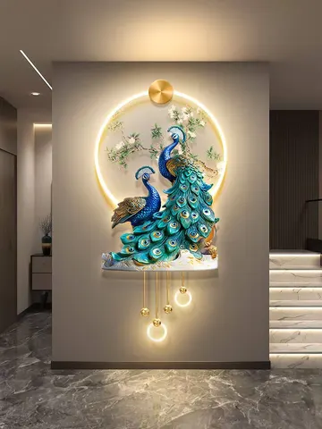 Blue Peacock Living Room Wall-Mounted Metal Lamp with Decorative Acrylic UV High-Definition Printed Diamond Art Print