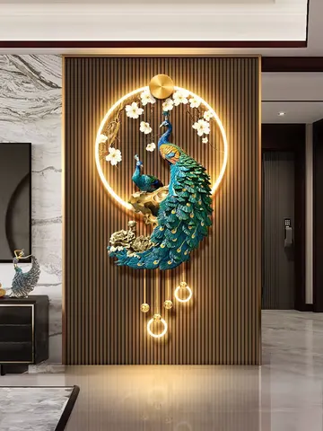 Blue Peacock Living Room Wall-Mounted Metal Lamp with Decorative Acrylic UV High-Definition Printed Diamond Art Print