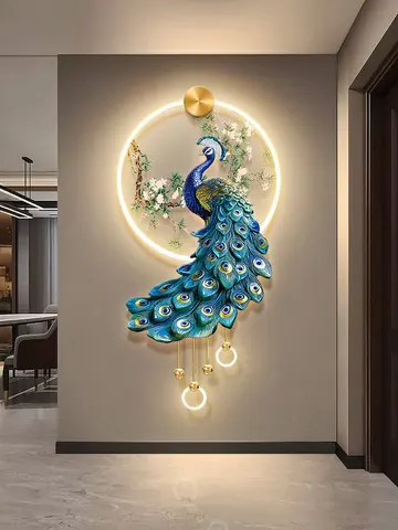 Blue Peacock Living Room Wall-Mounted Metal Lamp with Decorative Acrylic UV High-Definition Printed Diamond Art Print